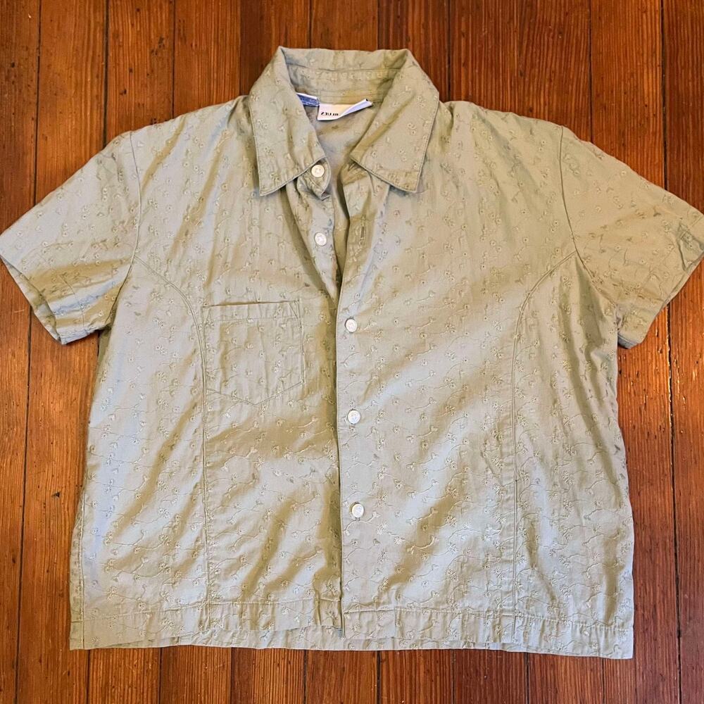 Montana Blues Cropped Green Embroidered Button Down T Shirt Size Small
